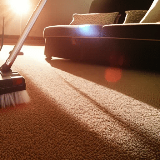 An image showcasing a pristine living room with a professional carpet cleaning crew in action, removing embedded dirt and allergens from the carpet fibers