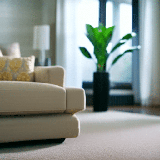 An image showcasing a pristine living room with a sunlit window, where a professional carpet cleaner uses steam cleaning equipment
