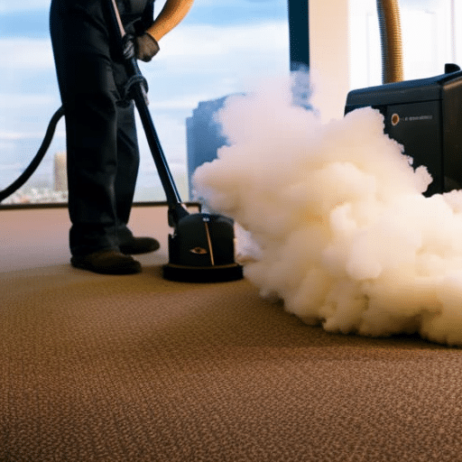 An image showcasing a professional carpet cleaning technician operating a state-of-the-art steam cleaning machine, with billowing clouds of steam visibly lifting dirt and stains from a plush residential carpet