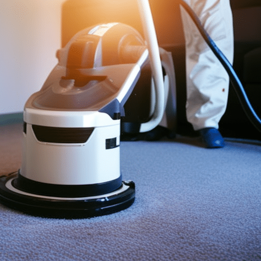 An image showcasing a professional carpet cleaner using a rotary floor machine with a bonnet attachment