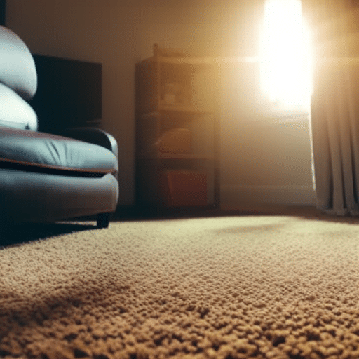 An image showcasing a sunny living room with freshly cleaned carpets, where rays of light pierce through the window, illuminating clean and fresh air particles, promoting a healthy and invigorating indoor environment