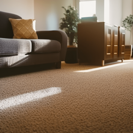 An image showcasing a beautifully staged living room with spotless, plush carpets, bathed in warm natural light