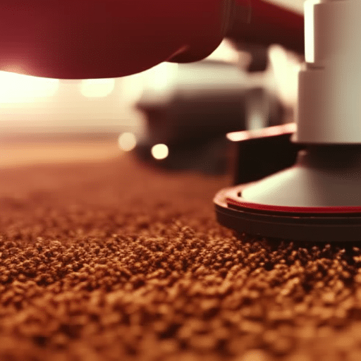 An image showcasing a close-up view of a spotless carpet being meticulously cleaned by a professional cleaner, with particles of dust and allergens being visibly extracted, resulting in a fresh and purified atmosphere
