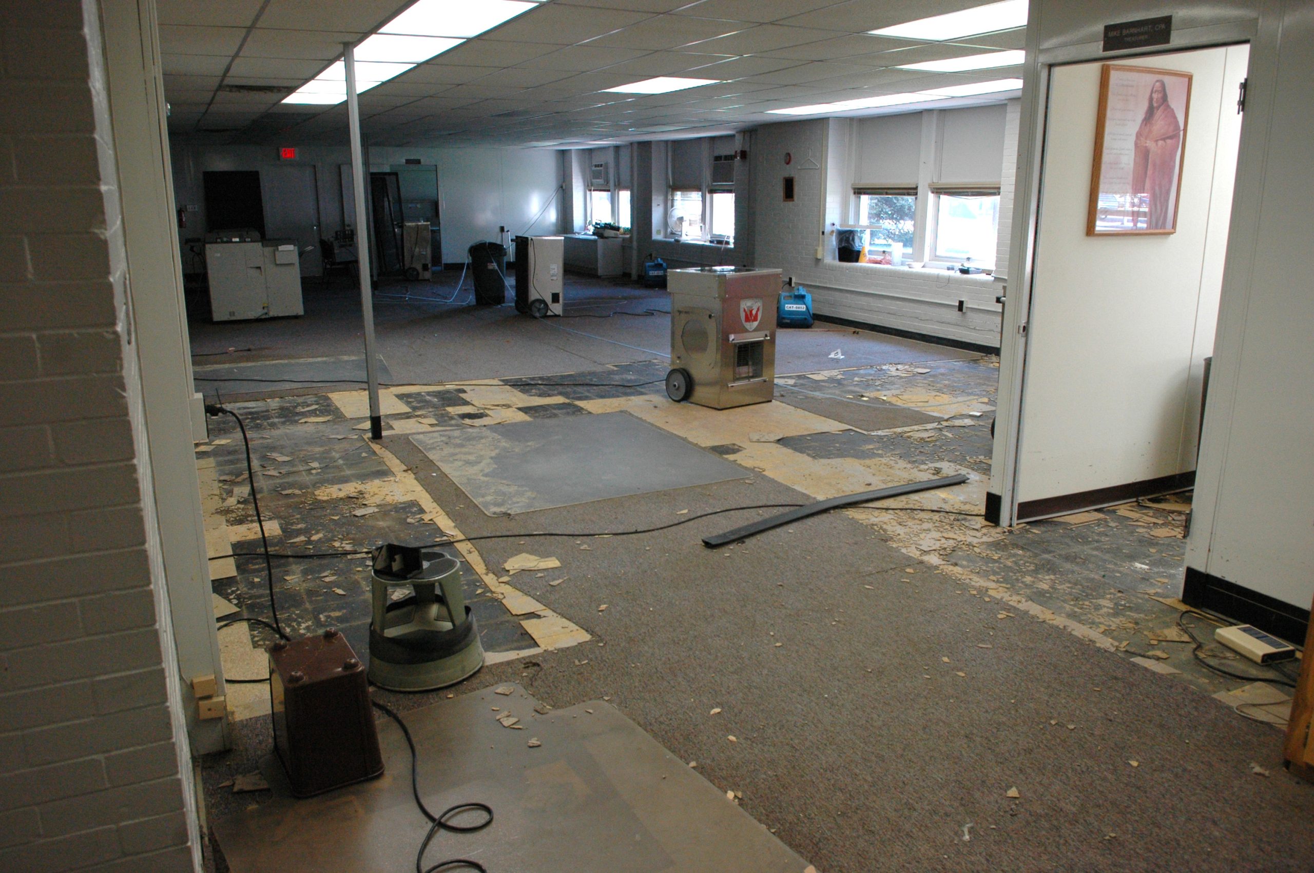 Commercial water damage restoration in progress with drying equipment. FEMA photo, public domain.
