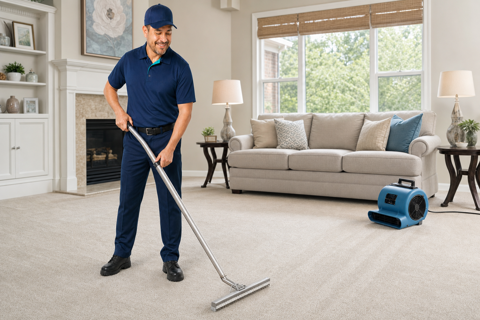 Illustrative Hydra Clean technician maintaining freshly cleaned carpet